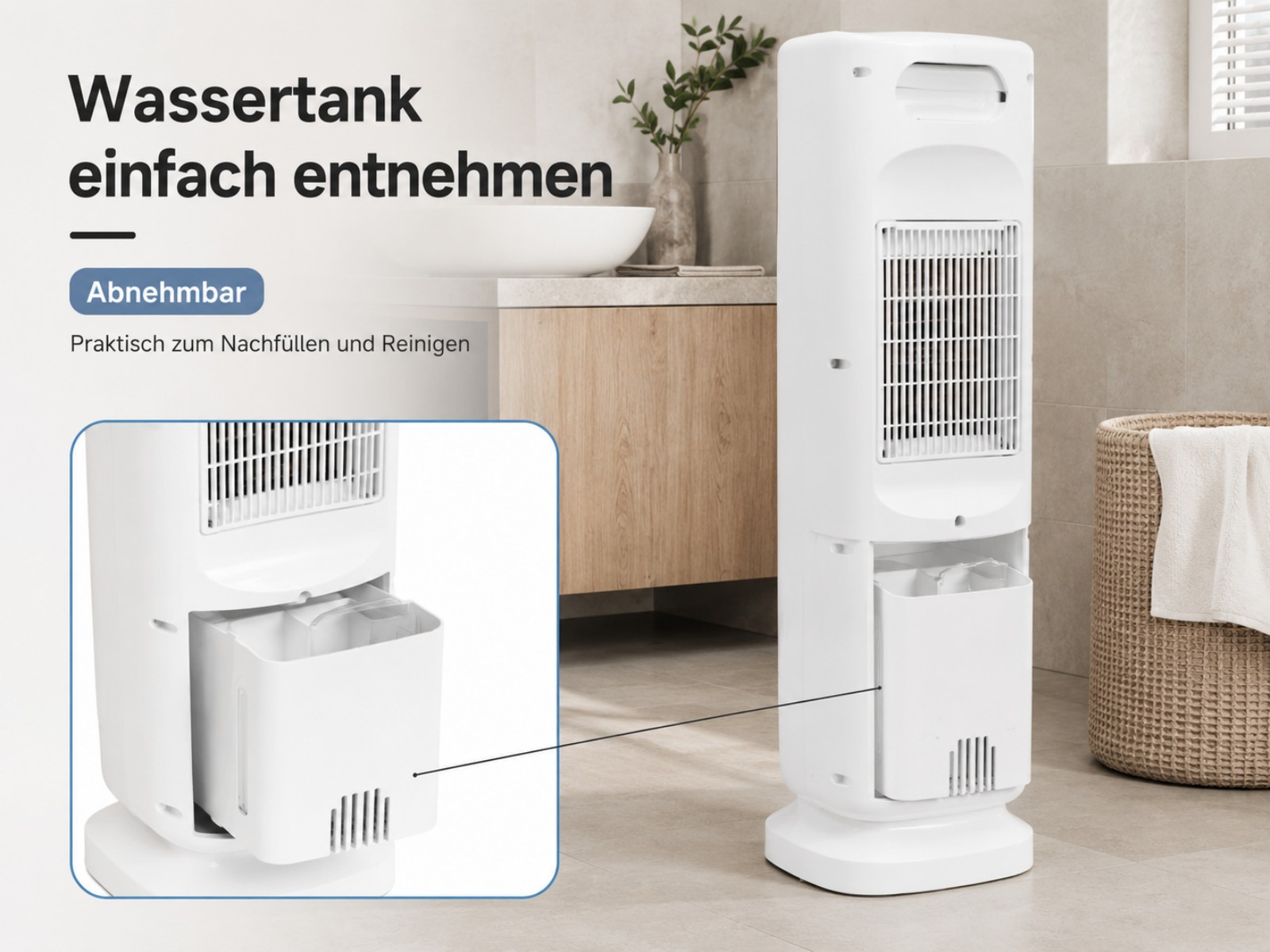 Ein weißer Luftkühler mit abnehmbarem Wassertank, in einem Badezimmer mit Waschbecken und einem geflochtenen Wäschekorb.