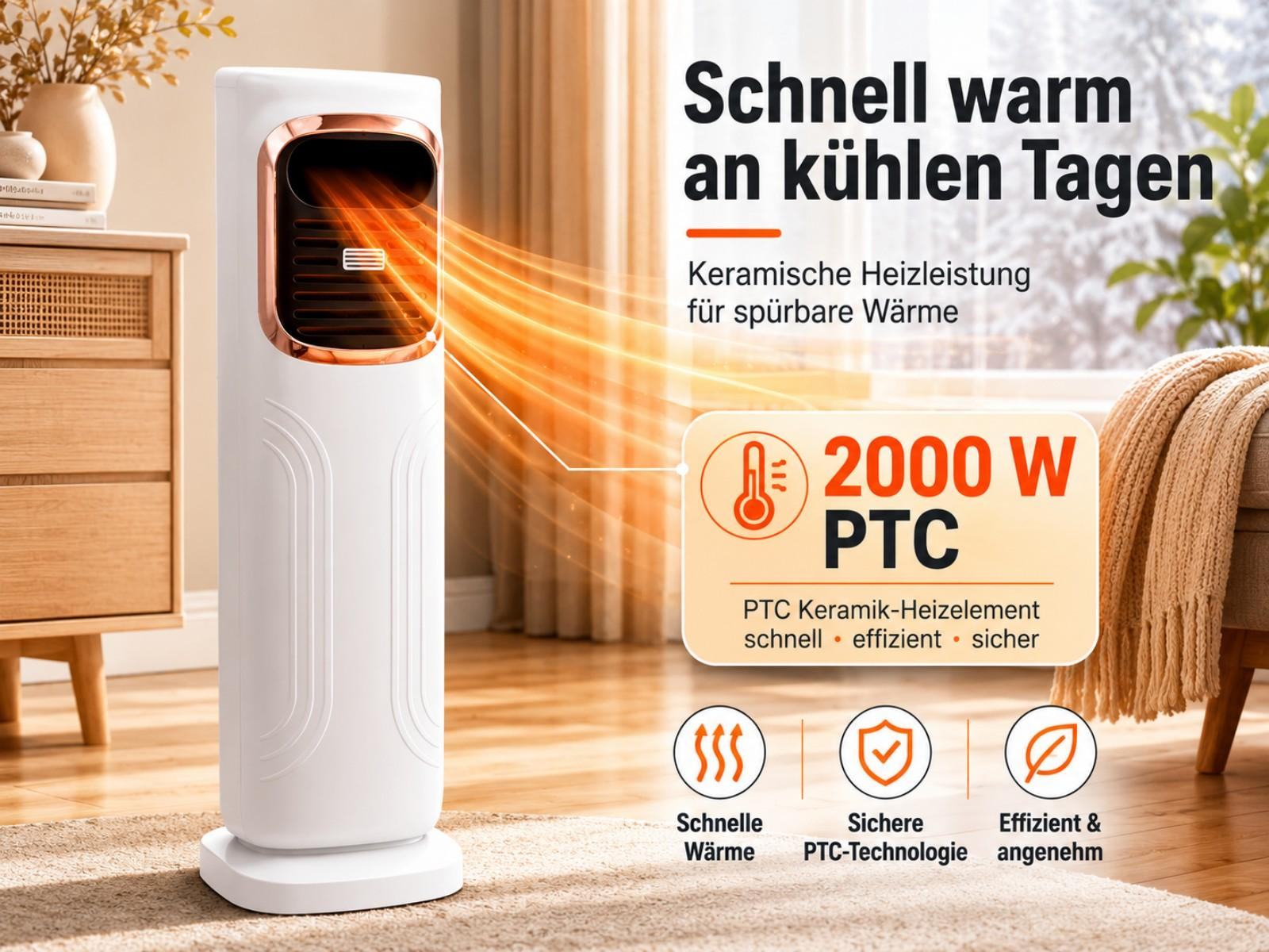 Ein weißer Turm Heizlüfter mit orangem Luftstrom, der Wärme verspricht.