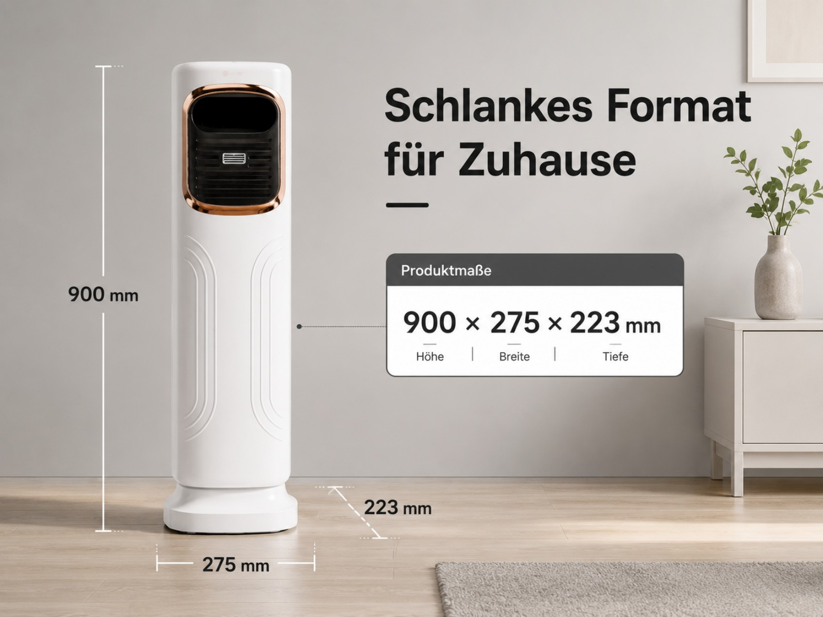 Ein weißer Luftreiniger mit kupferfarbenem Akzent, 900x275x223 mm, ist in einem Raum zu sehen.
