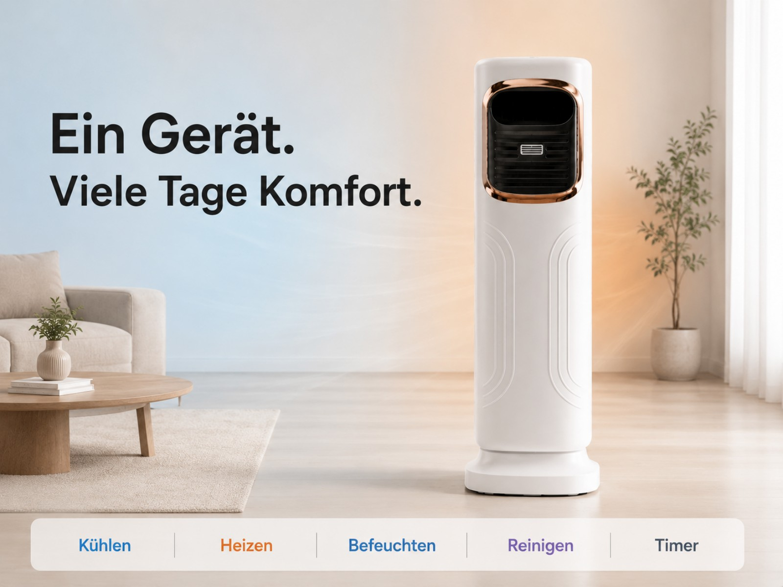 Ein weißer Luftreiniger mit Kupferakzenten steht in einem Wohnzimmer neben einem Sofa und einem Couchtisch.