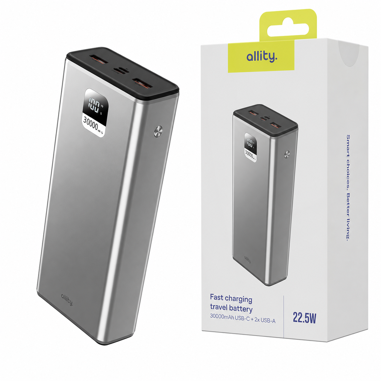 Silberne Powerbank mit Digitalanzeige (100%, 30000mAh). Die Box zeigt dasselbe Produkt.