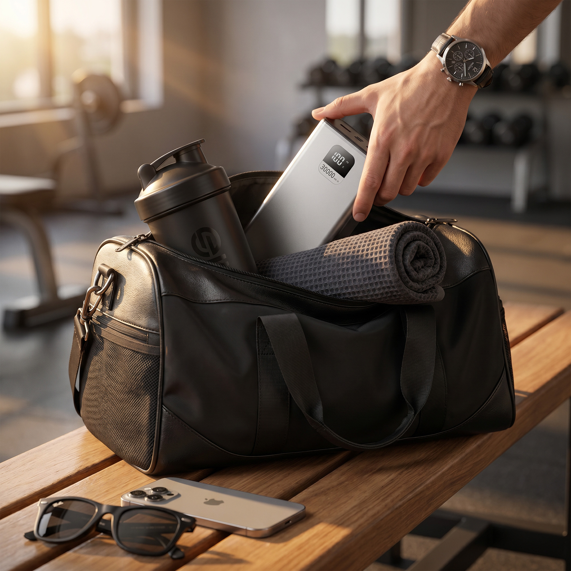 Ein Mann packt eine Powerbank in eine Sporttasche in einem Fitnessstudio.
