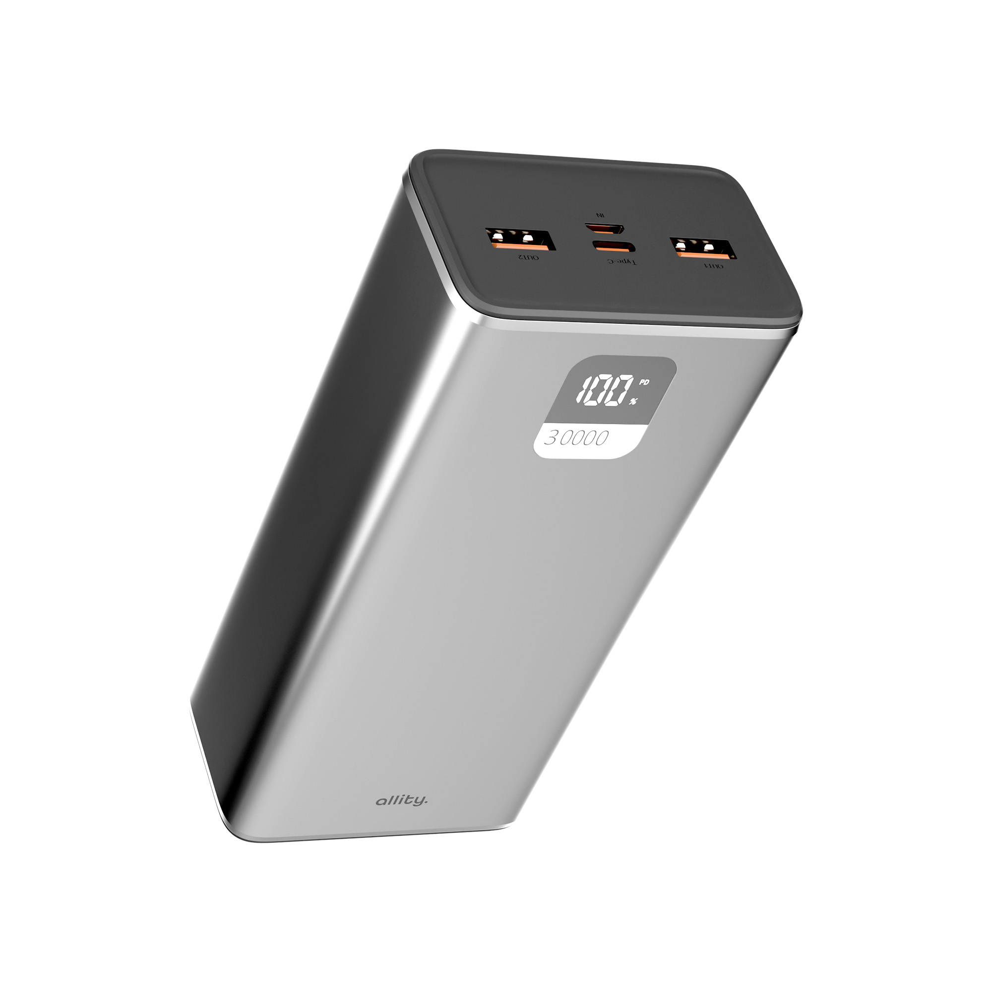 Eine silberne Powerbank, schräg, mit einer schwarzen Oberseite, die drei USB-Anschlüsse und eine digitale Anzeige mit „100%“ und „30000“ zeigt.