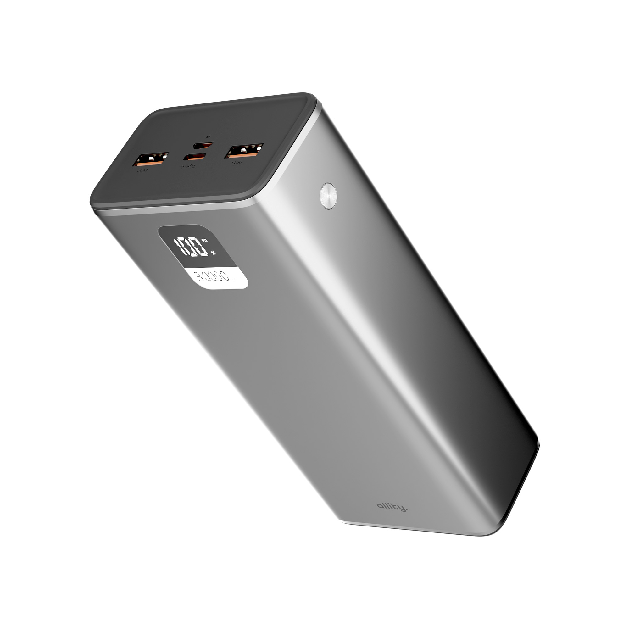 Grauer Powerbank mit digitaler Anzeige und USB-Anschlüssen.