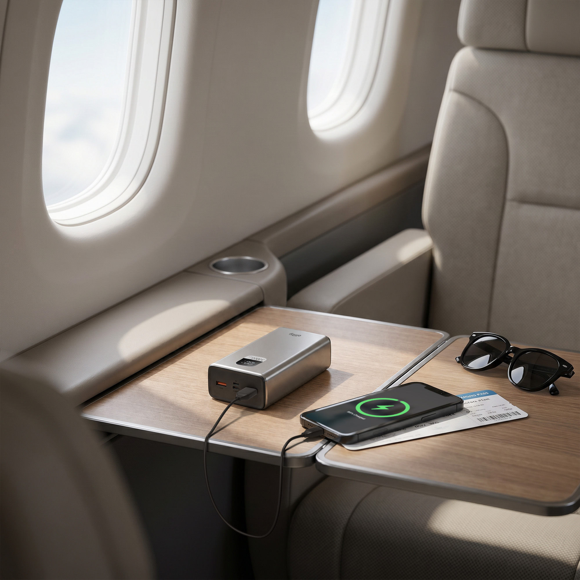 Eine Powerbank lädt ein Telefon auf einem Flugzeugtisch, mit Sonnenbrille und Bordkarte in der Nähe.