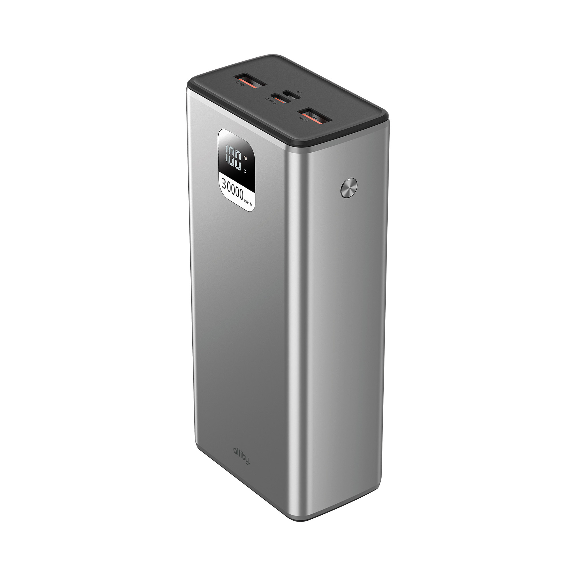 Eine silberne Powerbank steht aufrecht, mit einer Digitalanzeige, die "100% PD 30000mAh" anzeigt, und mehreren USB-Anschlüssen oben.