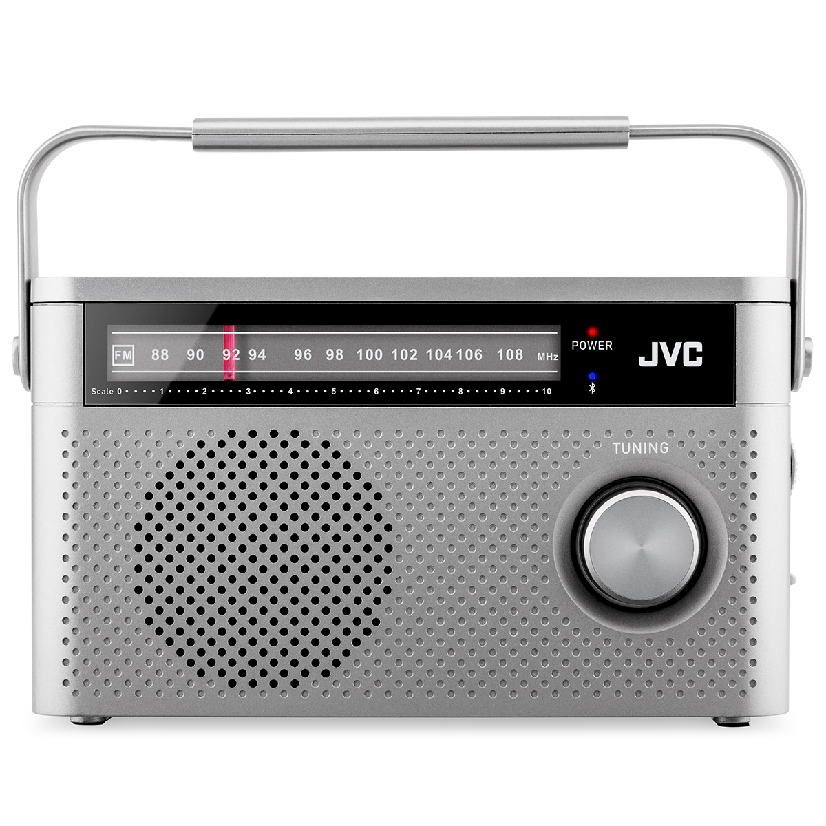 Srebrne radio JVC z pokrętłem strojenia, kratką głośnika, wyświetlaczem częstotliwości i uchwytem do przenoszenia.