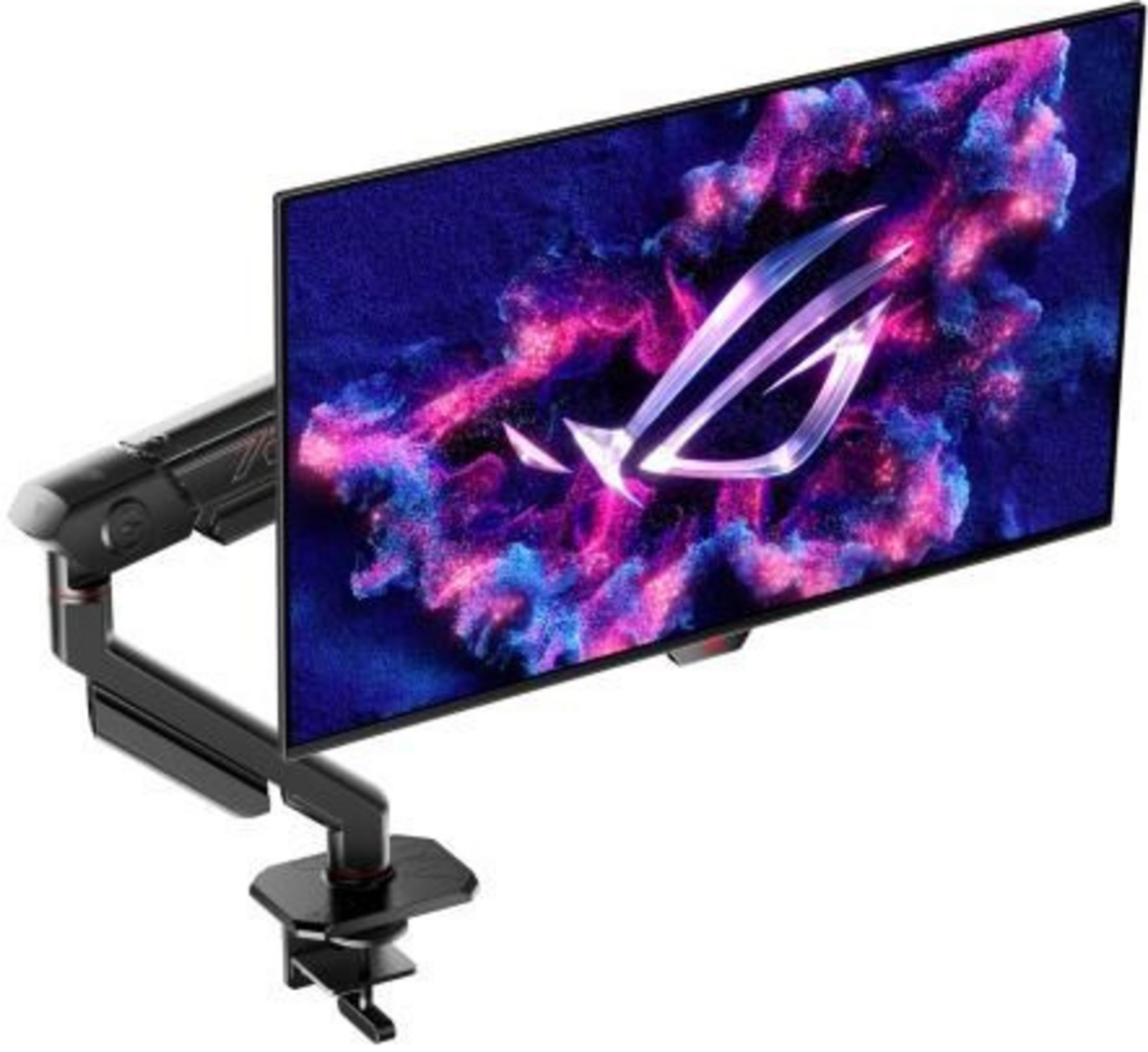 Ein schwarzer Monitorarm hält einen Monitor mit einem lila-blauen kosmischen Hintergrund.