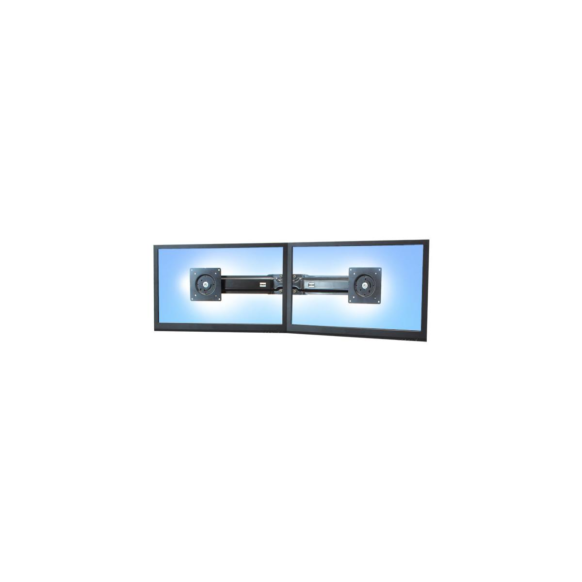 Due monitor su un supporto con sfondo di cielo blu.