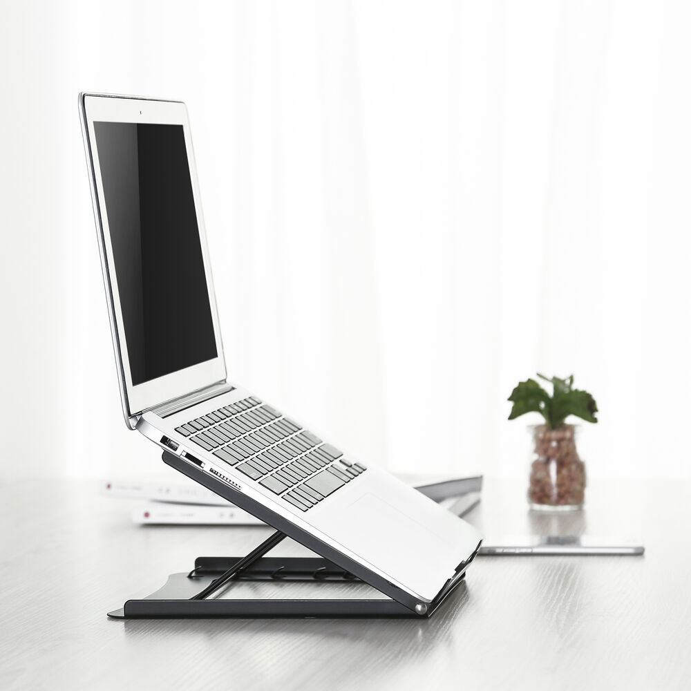 A laptop sits on a stand on a wooden desk. A plant is in the background.