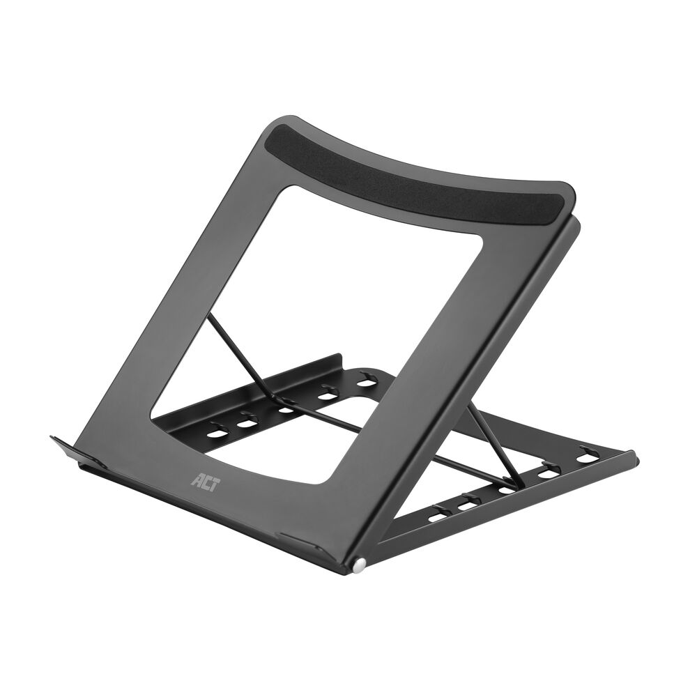 A black metal laptop stand with a curved top and perforated base, angled upwards, against a white background.