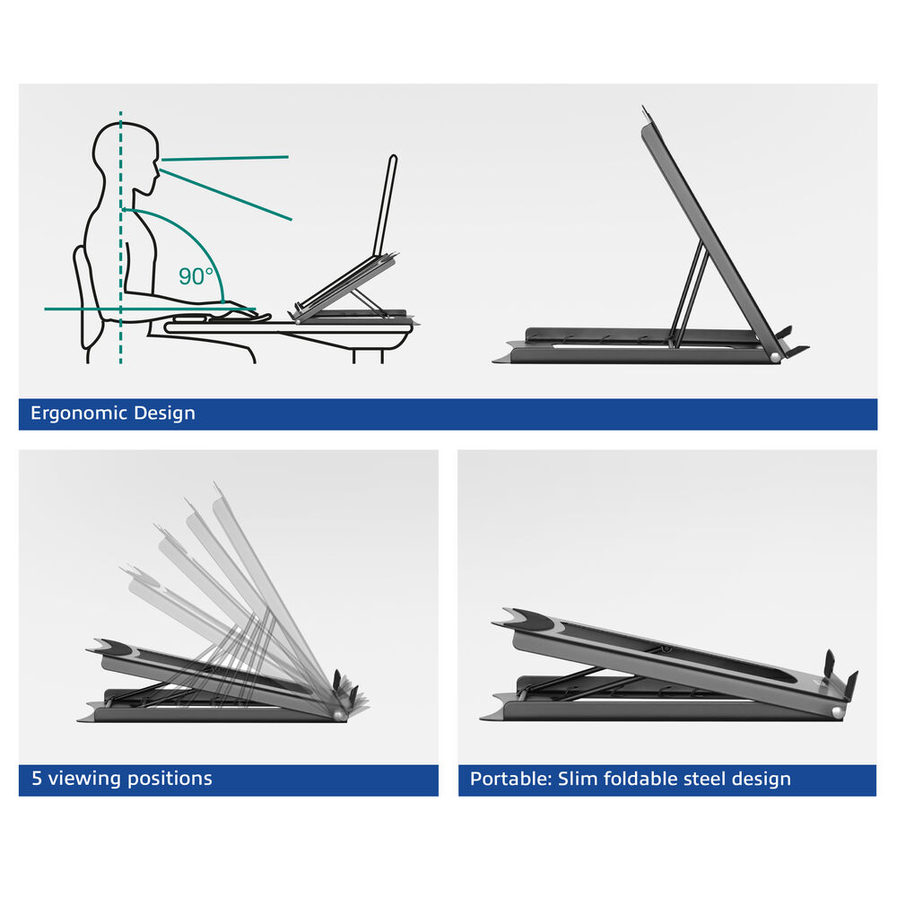Four panels showing a laptop stand's ergonomic design, fully extended view, five viewing angles, and folded compact form.
