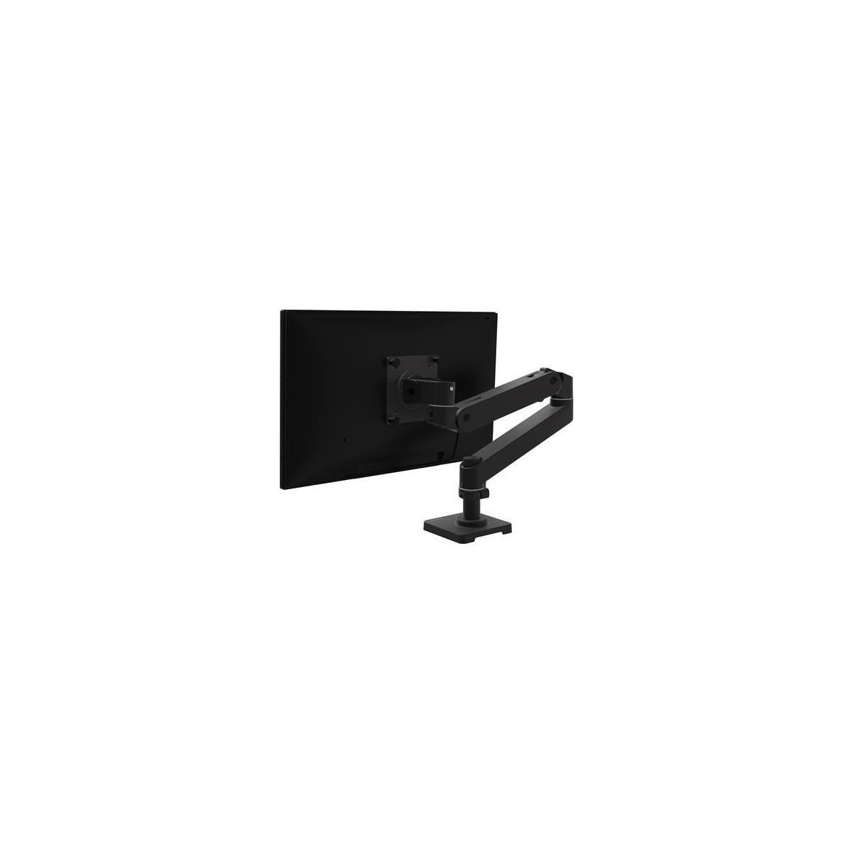 Supporto per monitor nero con braccio regolabile fissato al retro di un monitor nero.
