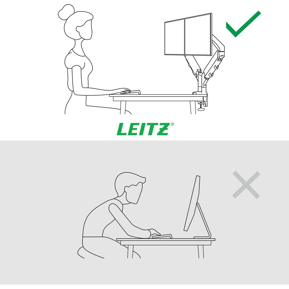 Prawidłowa i nieprawidłowa postawa przy biurku z dwoma monitorami.
