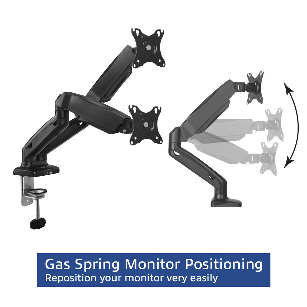 Un braccio per monitor a molla a gas nero con morsetto e supporto per monitor, che mostra il suo raggio di movimento con immagini fantasma.