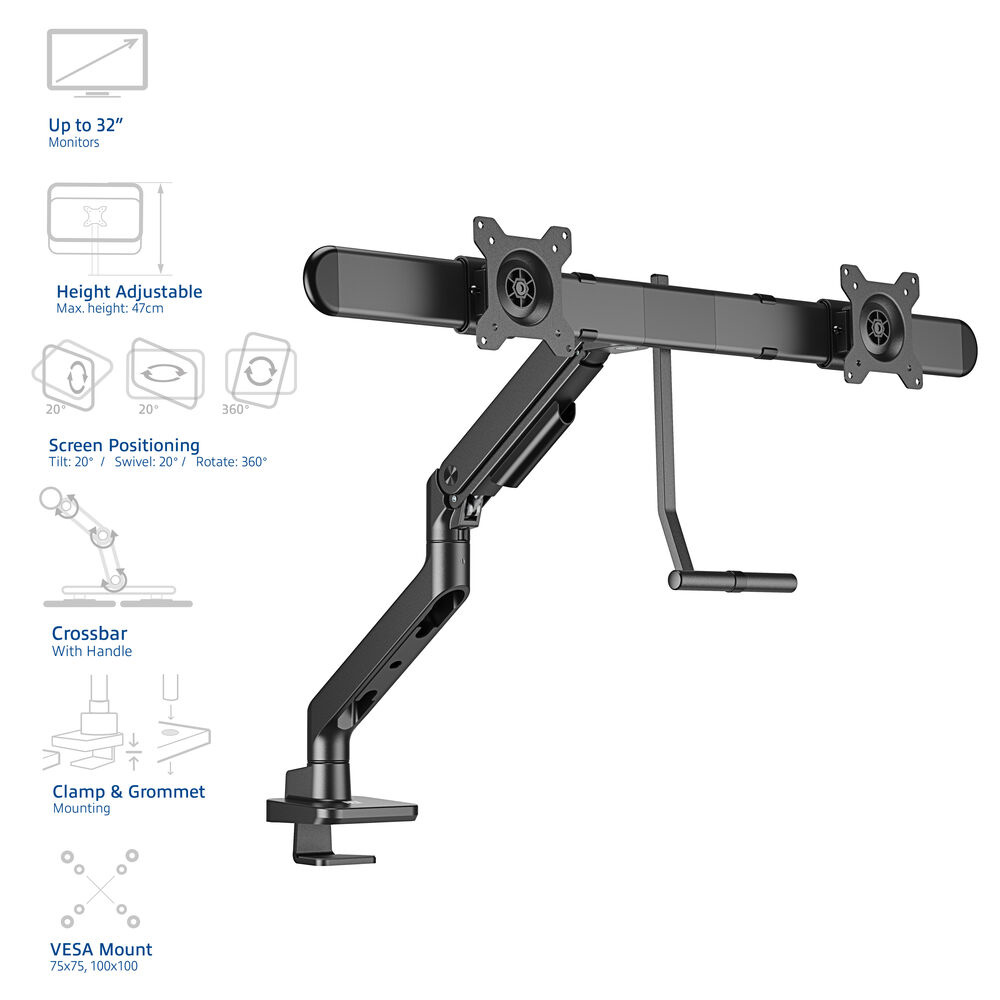Ein schwarzer Doppelmonitorarm mit Klemme, verstellbar für bis zu 32-Zoll-Monitore.
