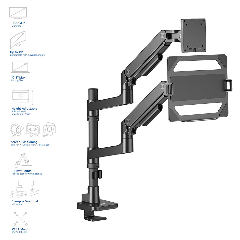 Ein schwarzer Doppelmonitorarm mit Laptopablage und VESA-Halterung, mit Funktionsbeschreibungen auf weißem Hintergrund.