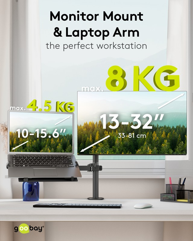 Bracci per monitor e laptop con pesi massimi 4,5 kg e 8 kg. Dimensioni schermo 10-15,6" e 13-32".