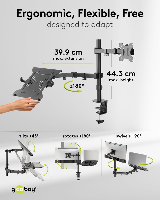Un braccio grigio per monitor e laptop con misure di estensione (39,9 cm) e altezza (44,3 cm) e dettagli di rotazione.