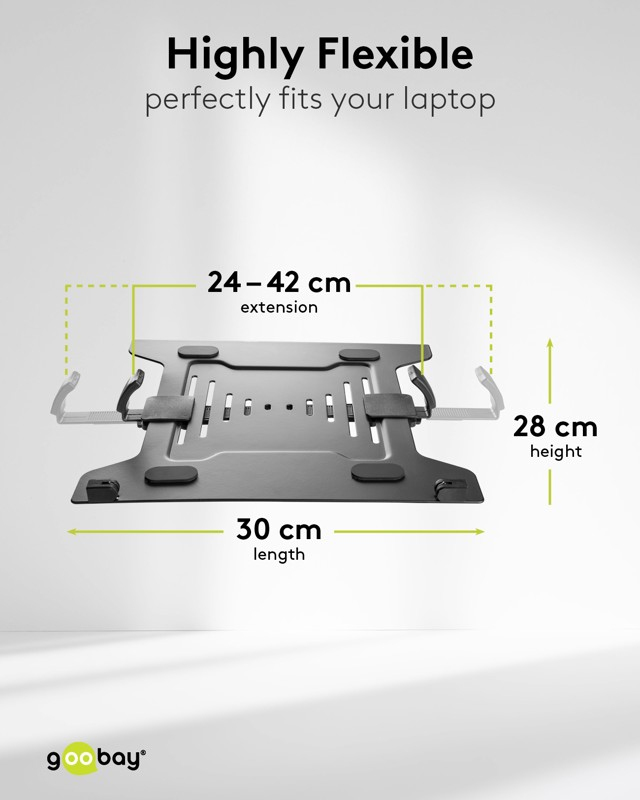 Un supporto per laptop nero con dimensioni: 24-42 cm di estensione, 30 cm di lunghezza e 28 cm di altezza, su sfondo bianco.