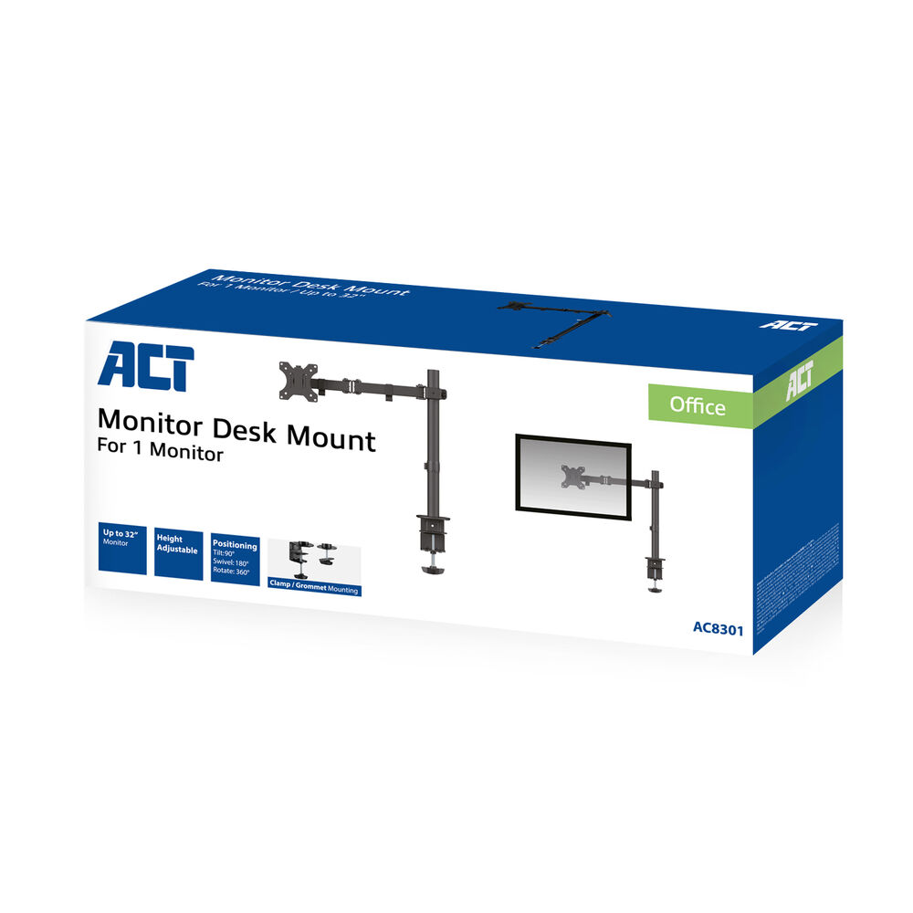 ACT Monitor Schreibtischhalterung Box zeigt Halterung, Monitor und Funktionen wie Höhenverstellung.