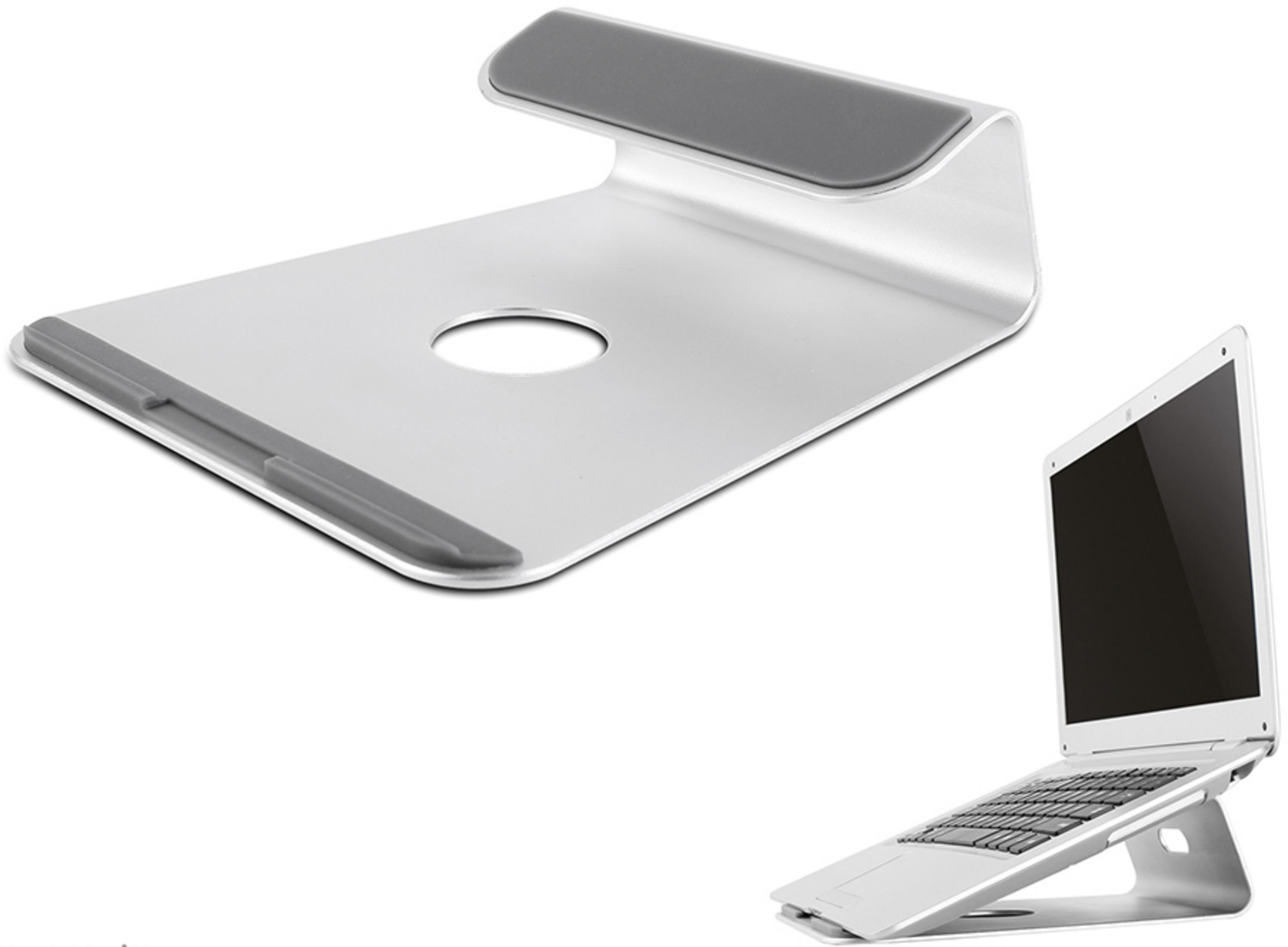 A silver laptop stand with a cutout and a laptop on the stand.