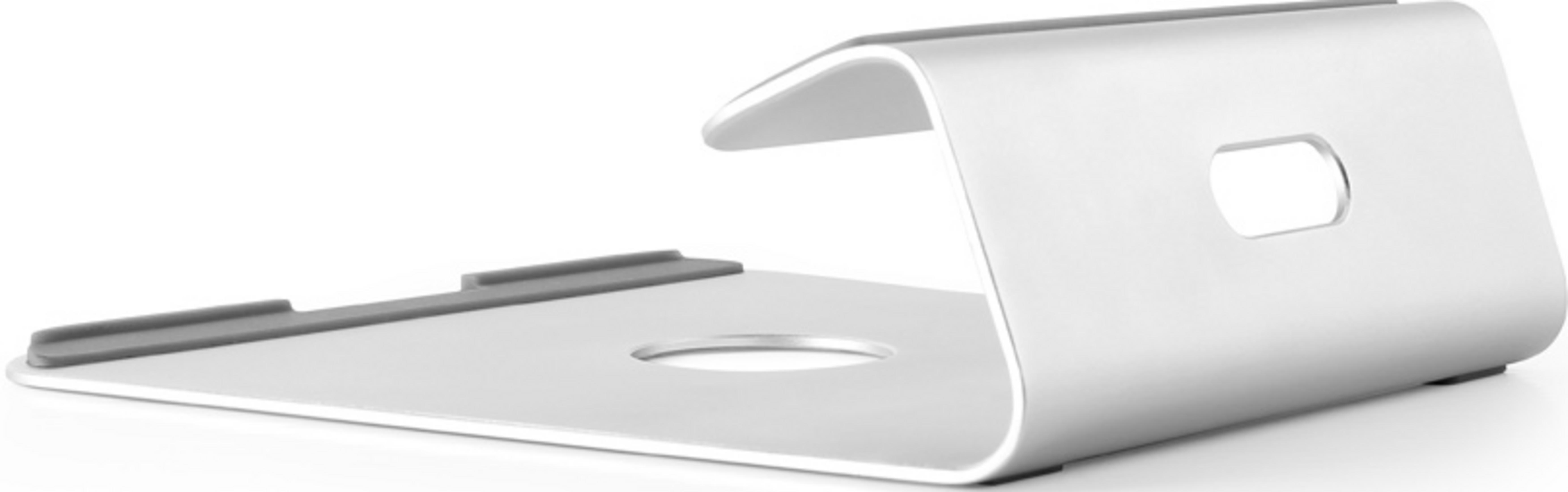 A silver laptop stand with rubber grips and a circular cutout.