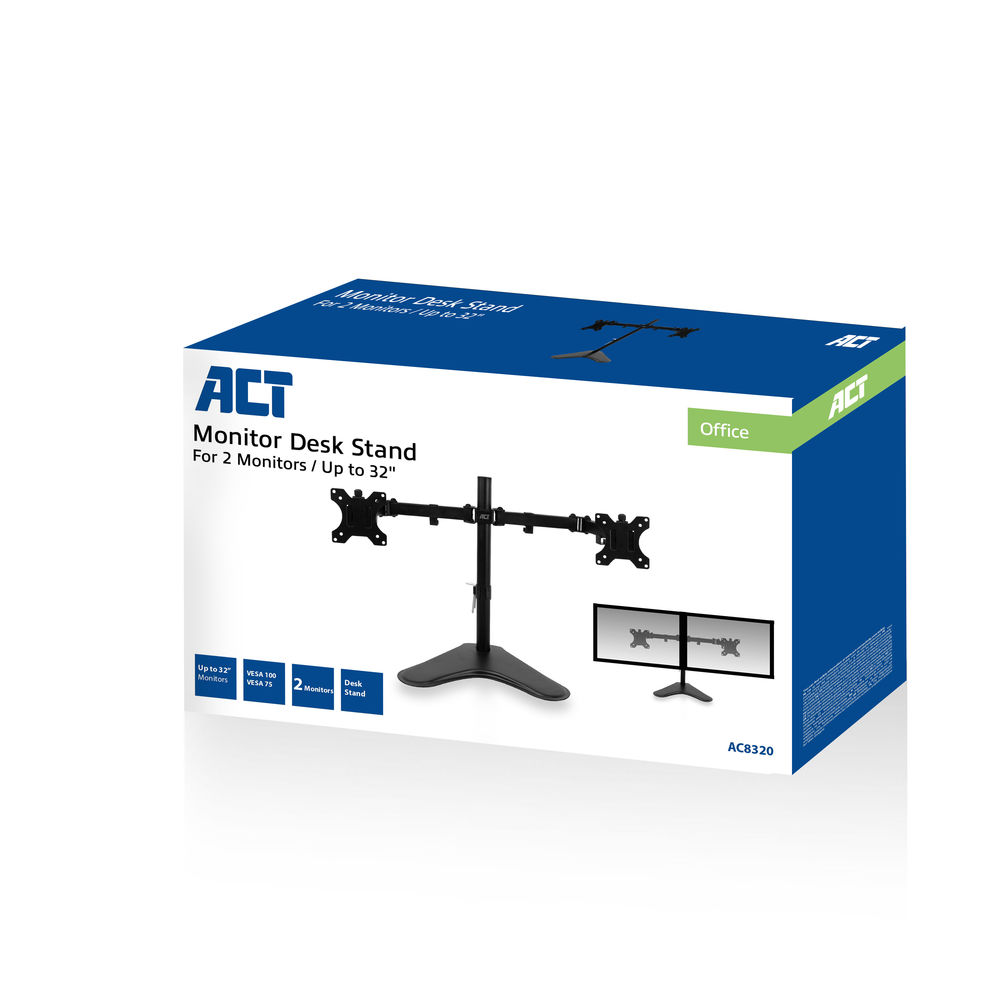Verpackung eines ACT Monitorständers für zwei Monitore bis 32 Zoll.