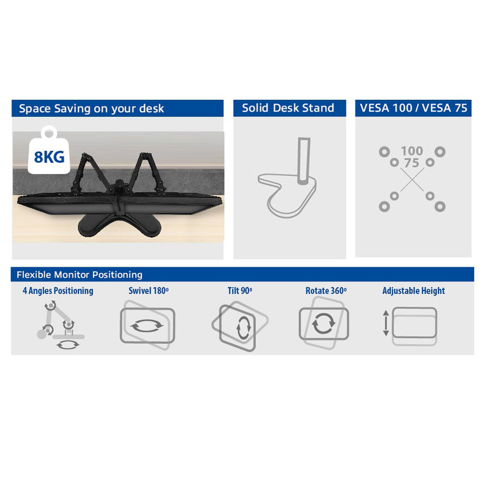Monitorhalterung mit 8kg Traglast, VESA 100/75, flexibel positionierbar.