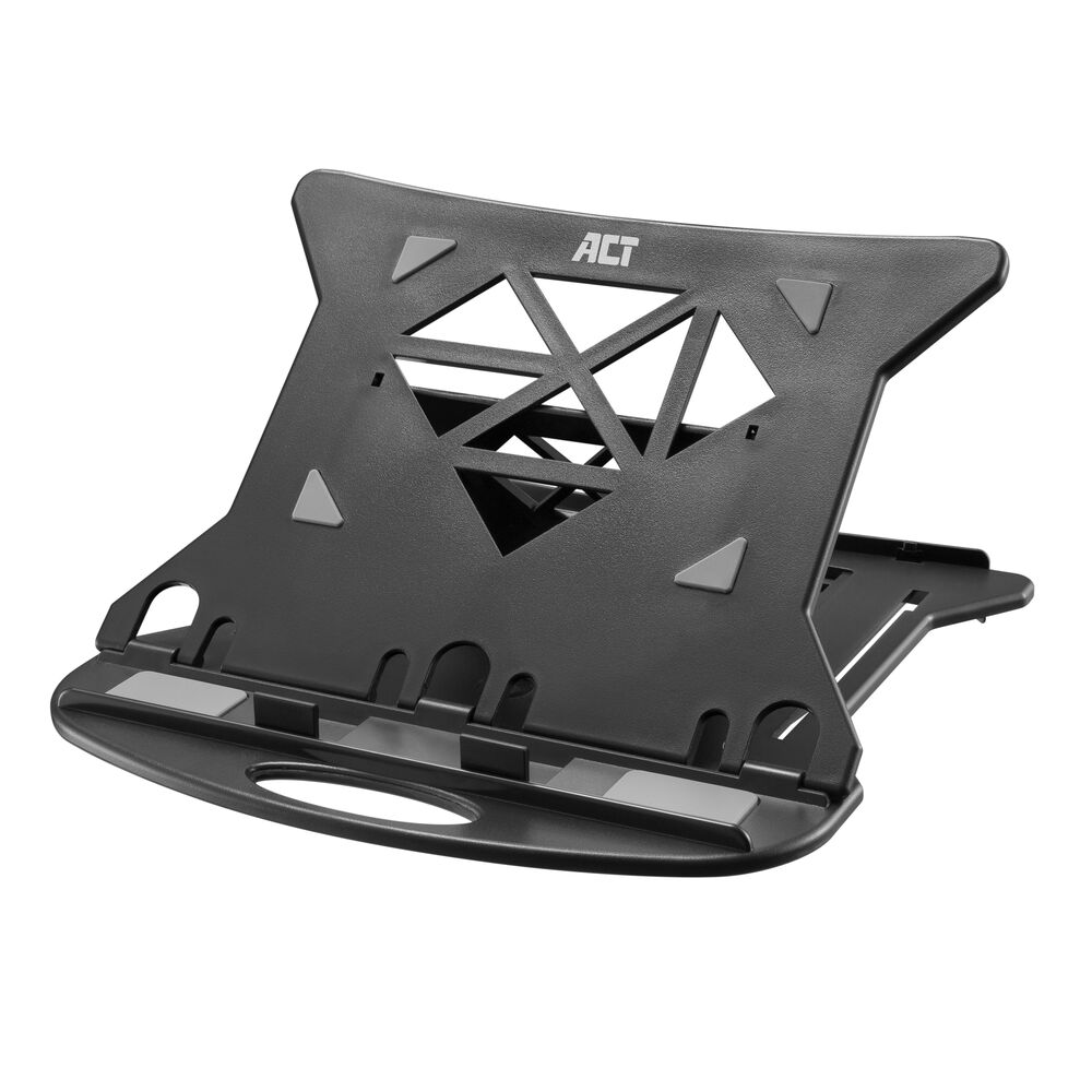 A black adjustable laptop stand with a geometric design and gray rubber grips.