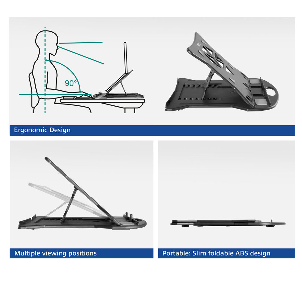 Laptop stand with ergonomic design and multiple viewing positions.