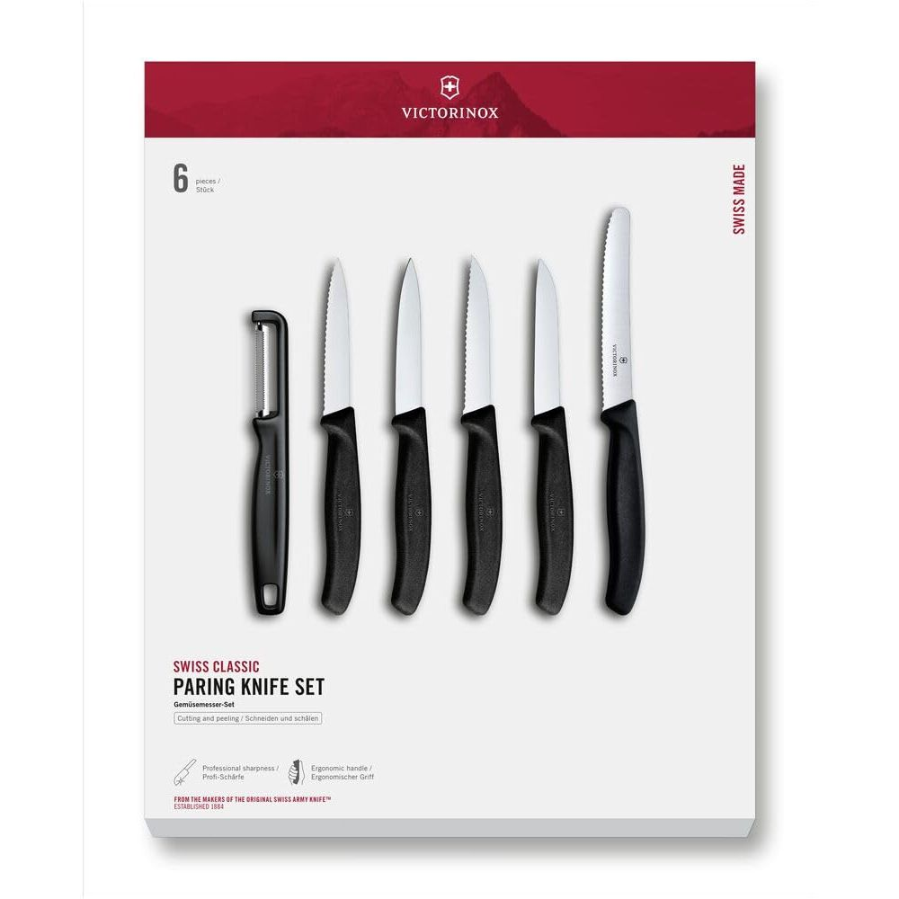 Victorinox Swiss Classic Soyma Bıçağı Seti, soyacak ve siyah saplı beş bıçak içeren, beyaz bir zemin üzerinde.