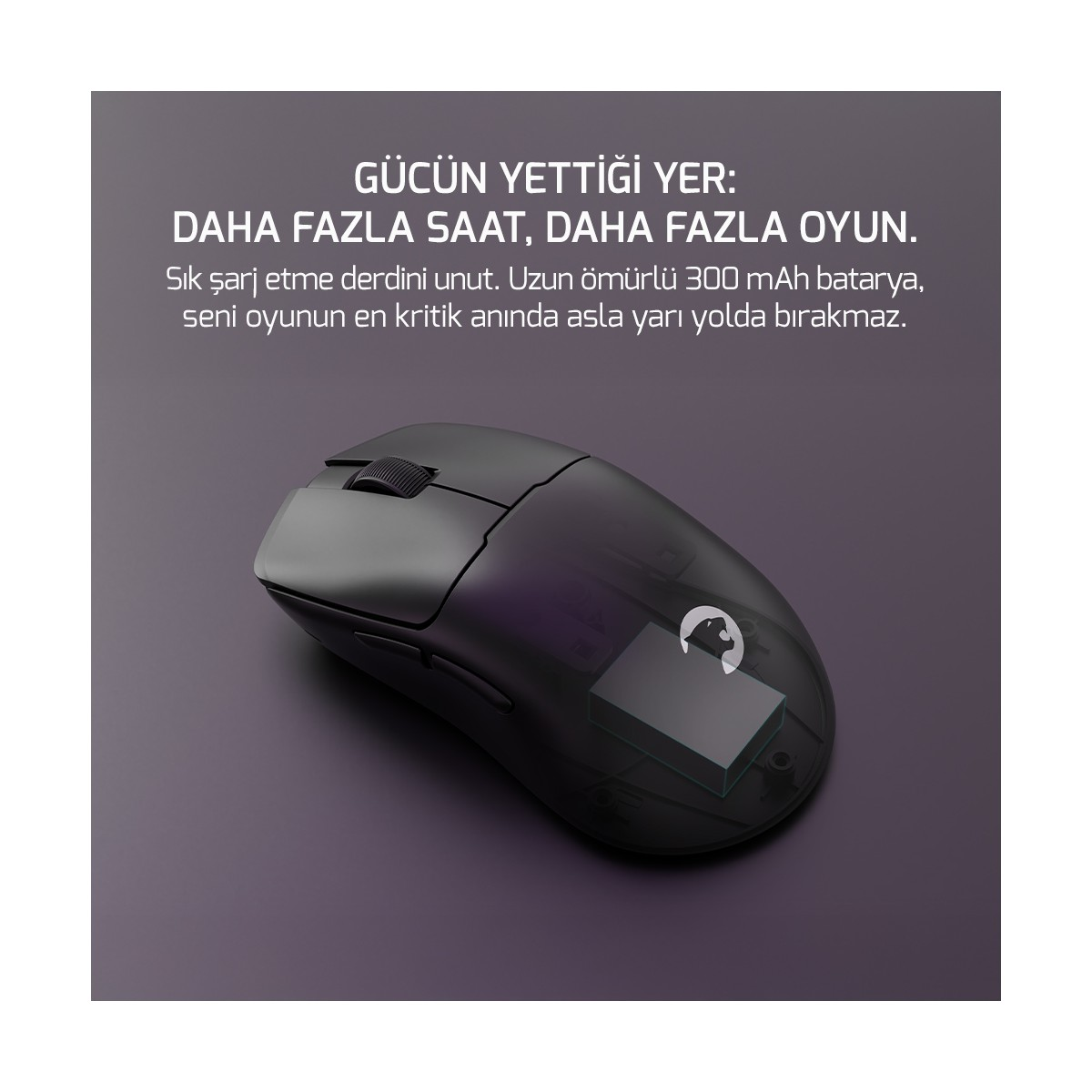 Pil gösteren şeffaf kasalı siyah oyuncu mouse.