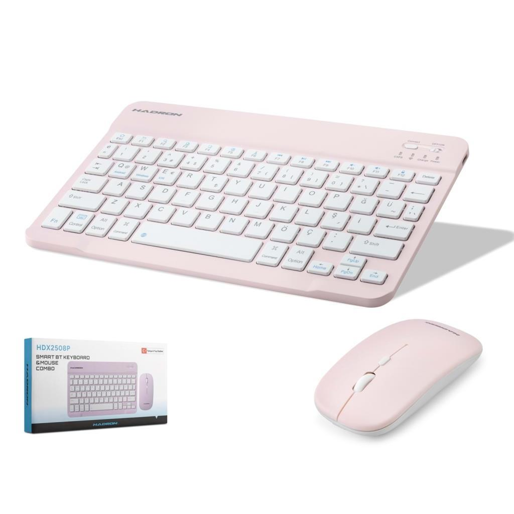 Beyaz arka plan üzerinde pembe bir Hadron klavye ve fare seti.