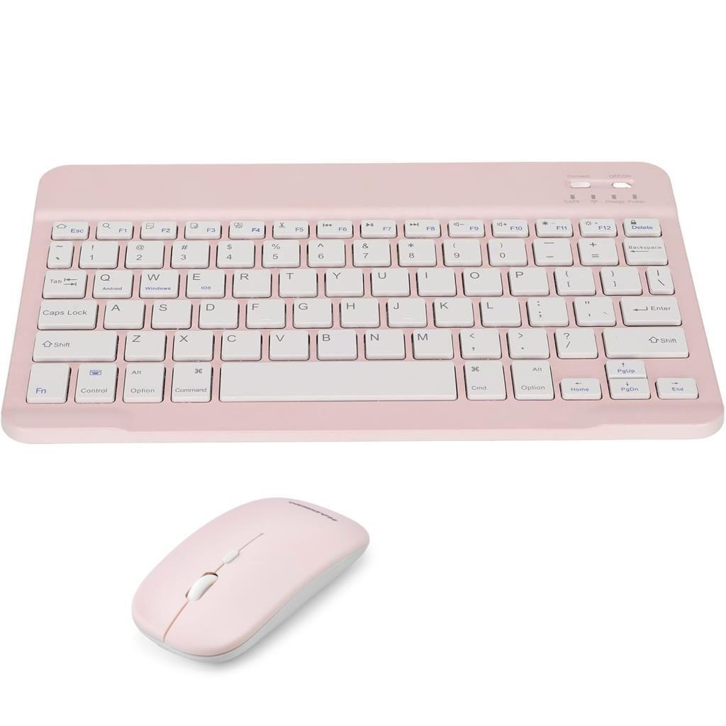 Pembe kablosuz klavye ve fare beyaz arka planda gösteriliyor.