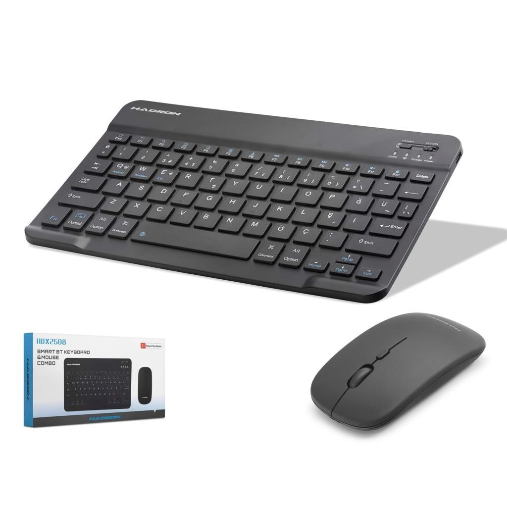 Beyaz arka plan üzerinde siyah Hadron Bluetooth klavye ve fare seti.