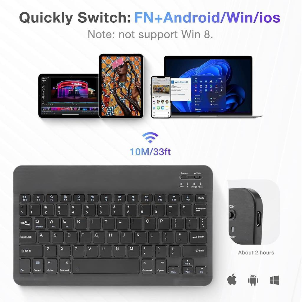 Siyah bir kablosuz klavye, tablet, akıllı telefon ve dizüstü bilgisayarla birlikte gösterilerek çoklu cihaz uyumluluğu vurgulanıyor.