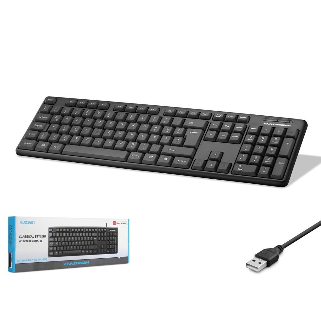 USB kablolu ve ambalajlı siyah klavye. Ambalajda HDX2601 yazıyor. Kablolu klavye.