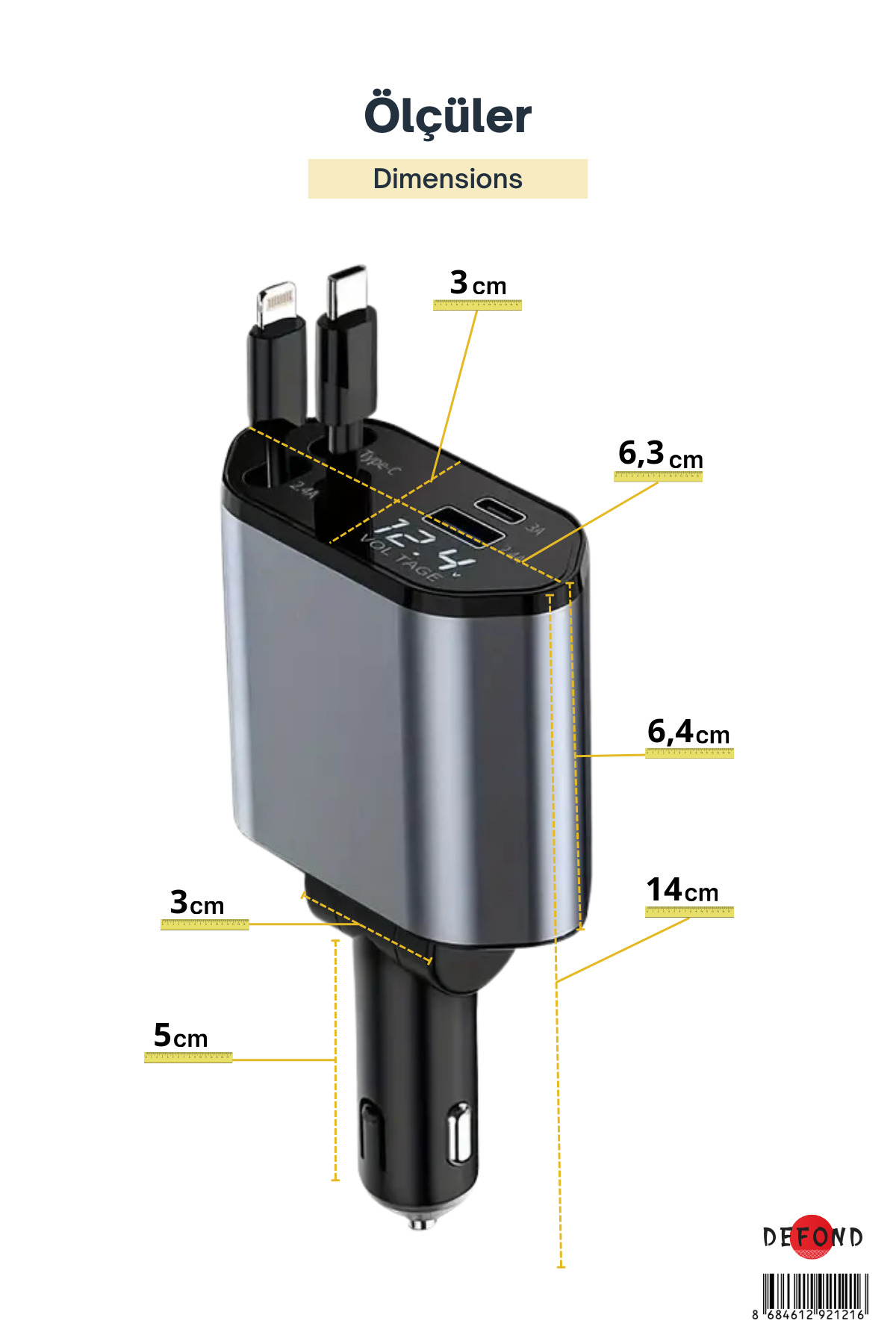 Çeşitli bağlantı noktalarına sahip bir araç şarj cihazı ve "12.4 VOLTAGE" gösteren dijital bir ekran. Boyutlar 3cm, 6.3cm, 6.4cm, 14cm ve 5cm'dir.