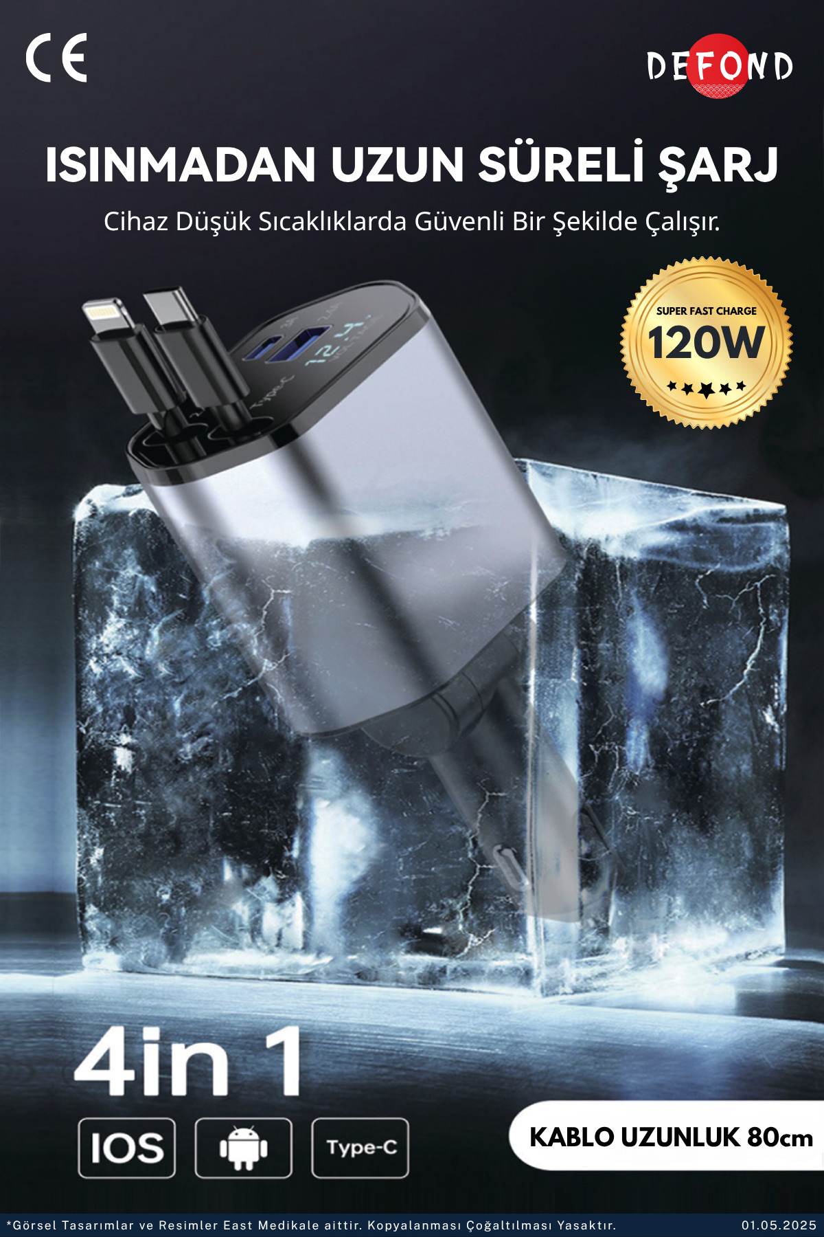Gümüş renkli şarj cihazı ve kablolar buz içinde. 120W Süper Hızlı Şarj.