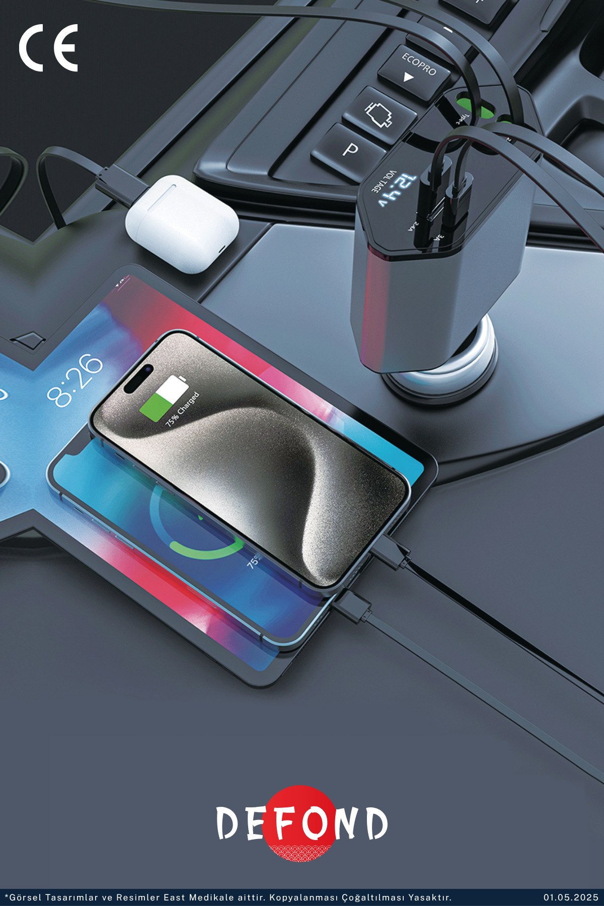 Çok portlu bir şarj cihazı, dizüstü bilgisayarda telefonları ve AirPods'ları şarj eder.