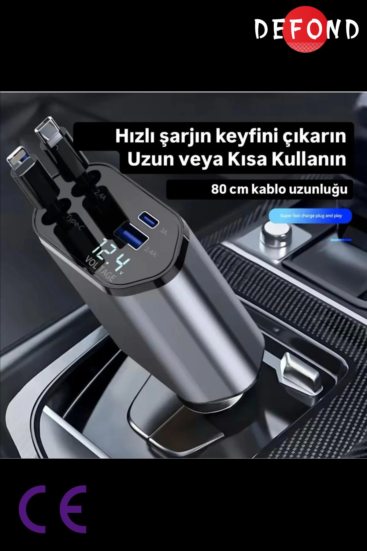 12,4 V gösteren USB ve Type-C portlu gri araç şarj cihazı.