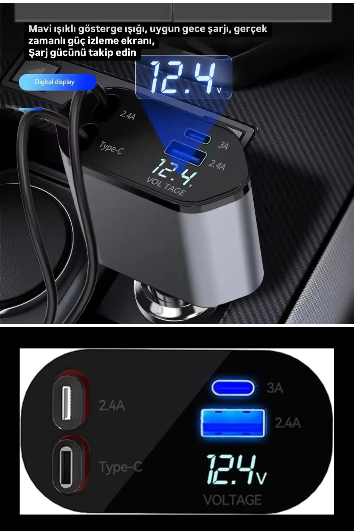 İki USB bağlantı noktası, Type-C ve ekrana sahip araç şarj cihazı.