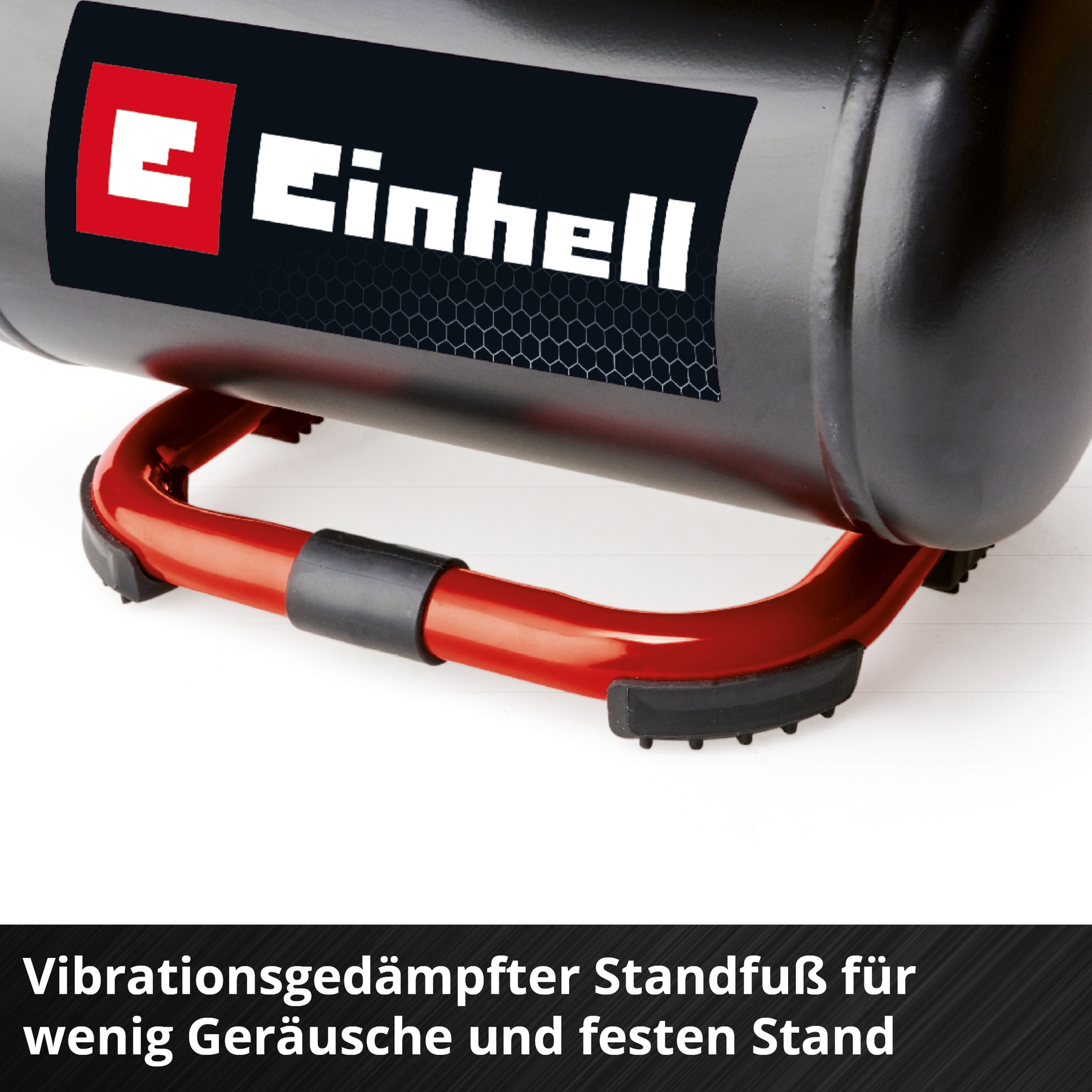 Czarny produkt Einhell z czerwoną podstawą w kształcie litery U, z czarną teksturowaną etykietą i tekstem pod nią.