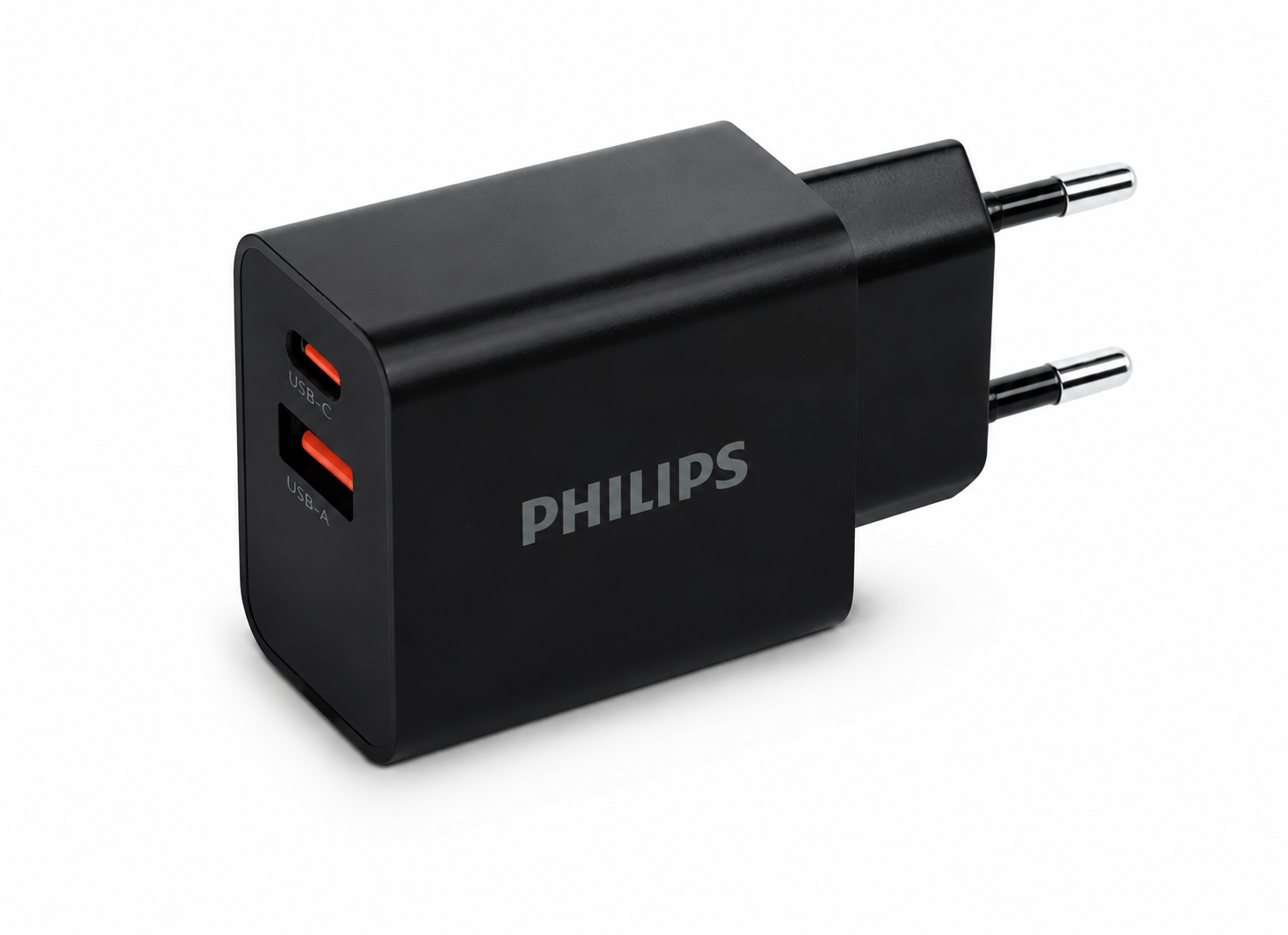 Siyah Philips USB-C ve USB-A çift portlu şarj adaptörü.