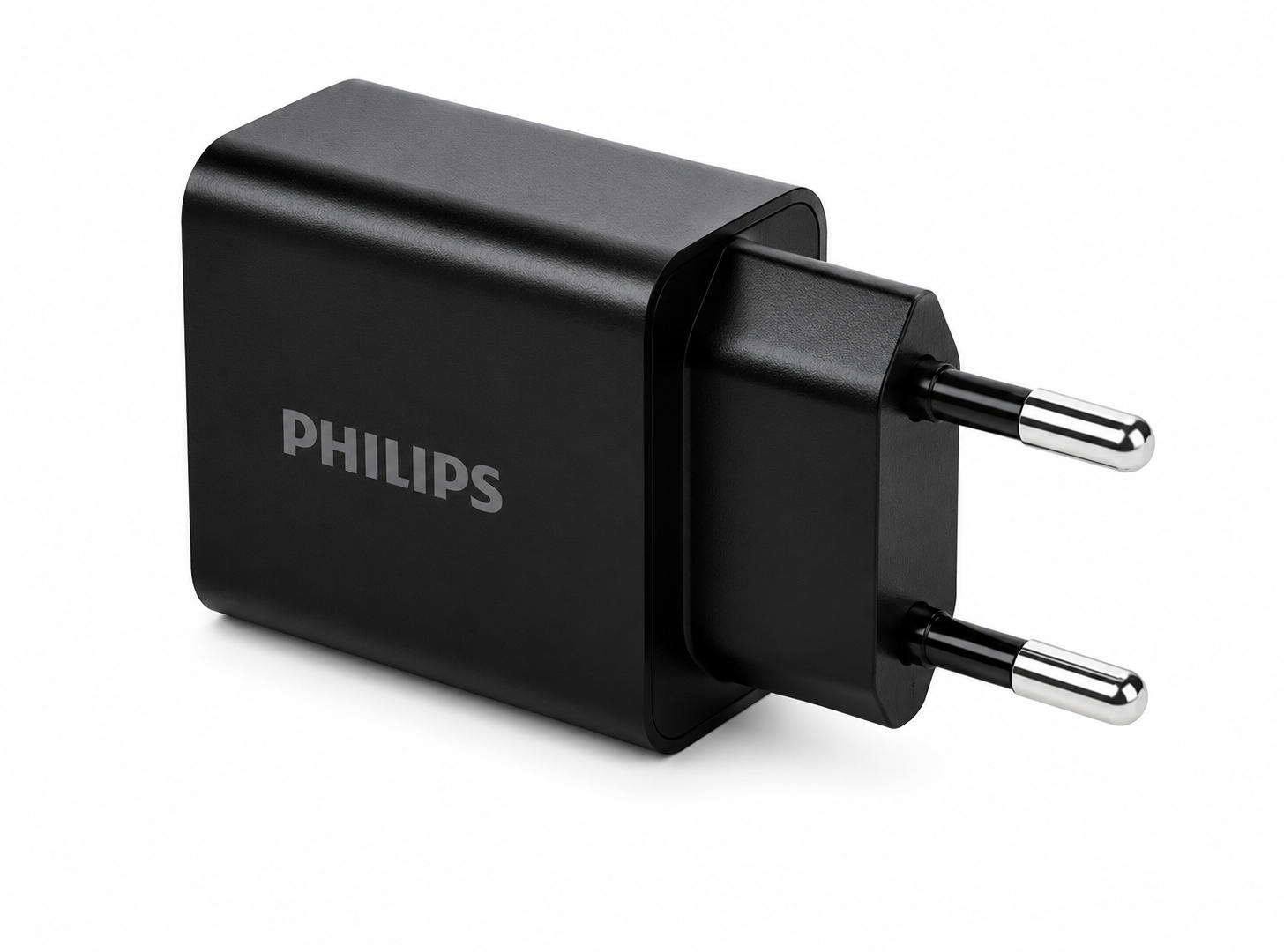 İki gümüş pimli siyah bir Philips güç adaptörü.