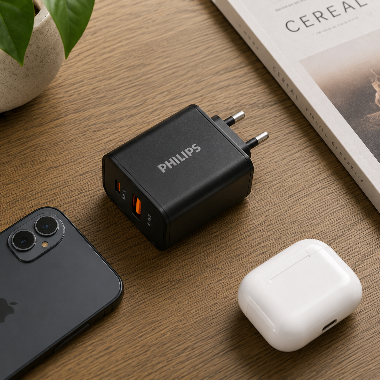 Turuncu USB bağlantı noktalarına sahip siyah bir Philips şarj cihazı, siyah bir iPhone ve beyaz AirPods, ahşap bir masada bitki ve kitapla birlikte.