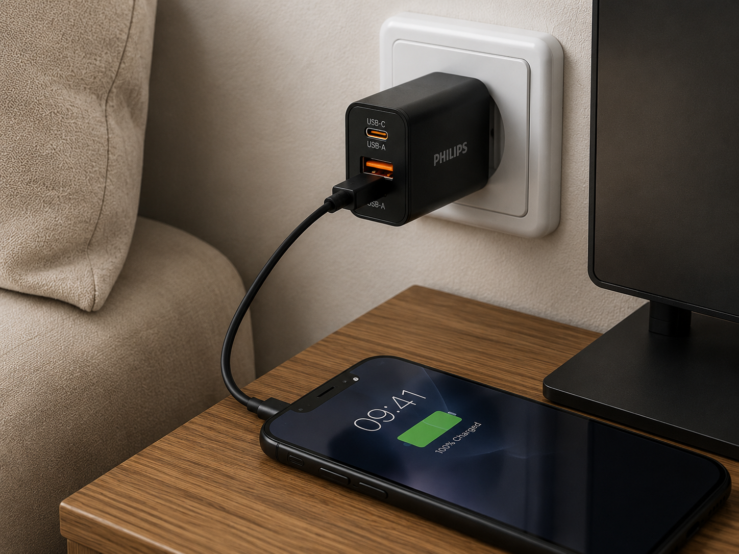 USB-C ve USB-A bağlantı noktalarına sahip siyah bir Philips şarj cihazı beyaz bir duvara takılıdır. Bir telefon şarj oluyor.