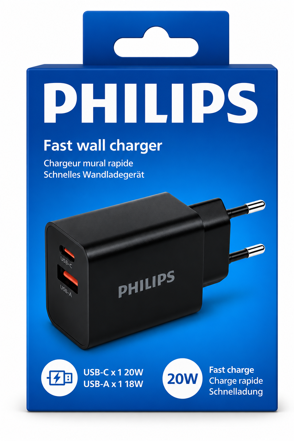 USB-C ve USB-A bağlantı noktalarına sahip siyah bir Philips hızlı duvar şarj cihazı, mavi ambalajında gösteriliyor.
