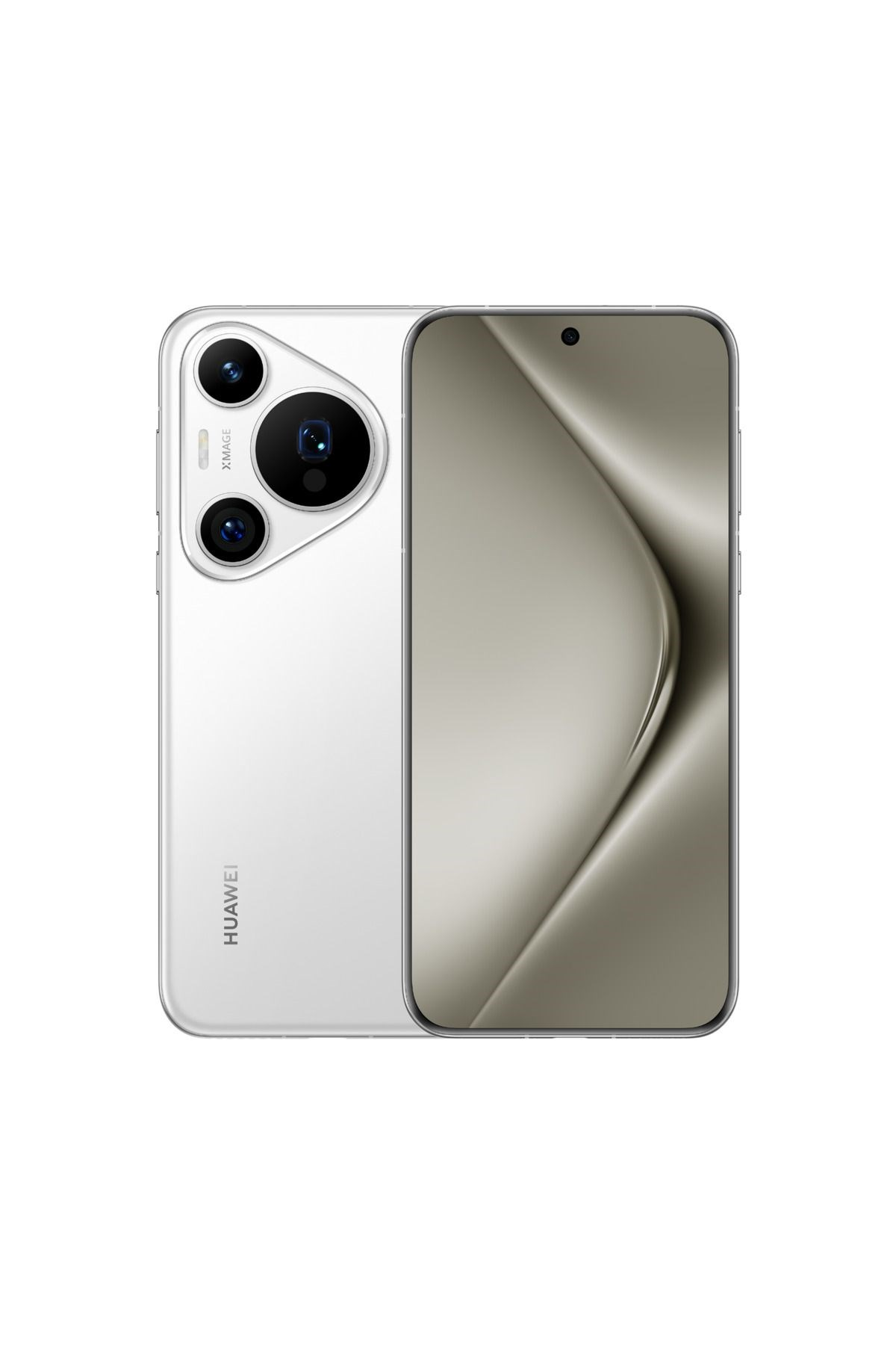 Arkada üçlü kamera kurulumuna ve kavisli ekrana sahip beyaz bir Huawei akıllı telefon.